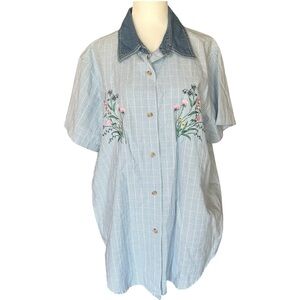 90’s Gingham Flower Embroidered Button-up Blouse